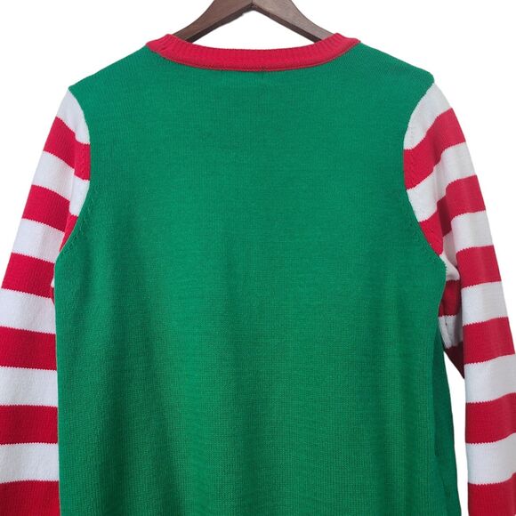 To be Jolly Womens Ugly Christmas Sweater Elf Striped Sleeves Holiday Sz Large - Picture 6 of 10